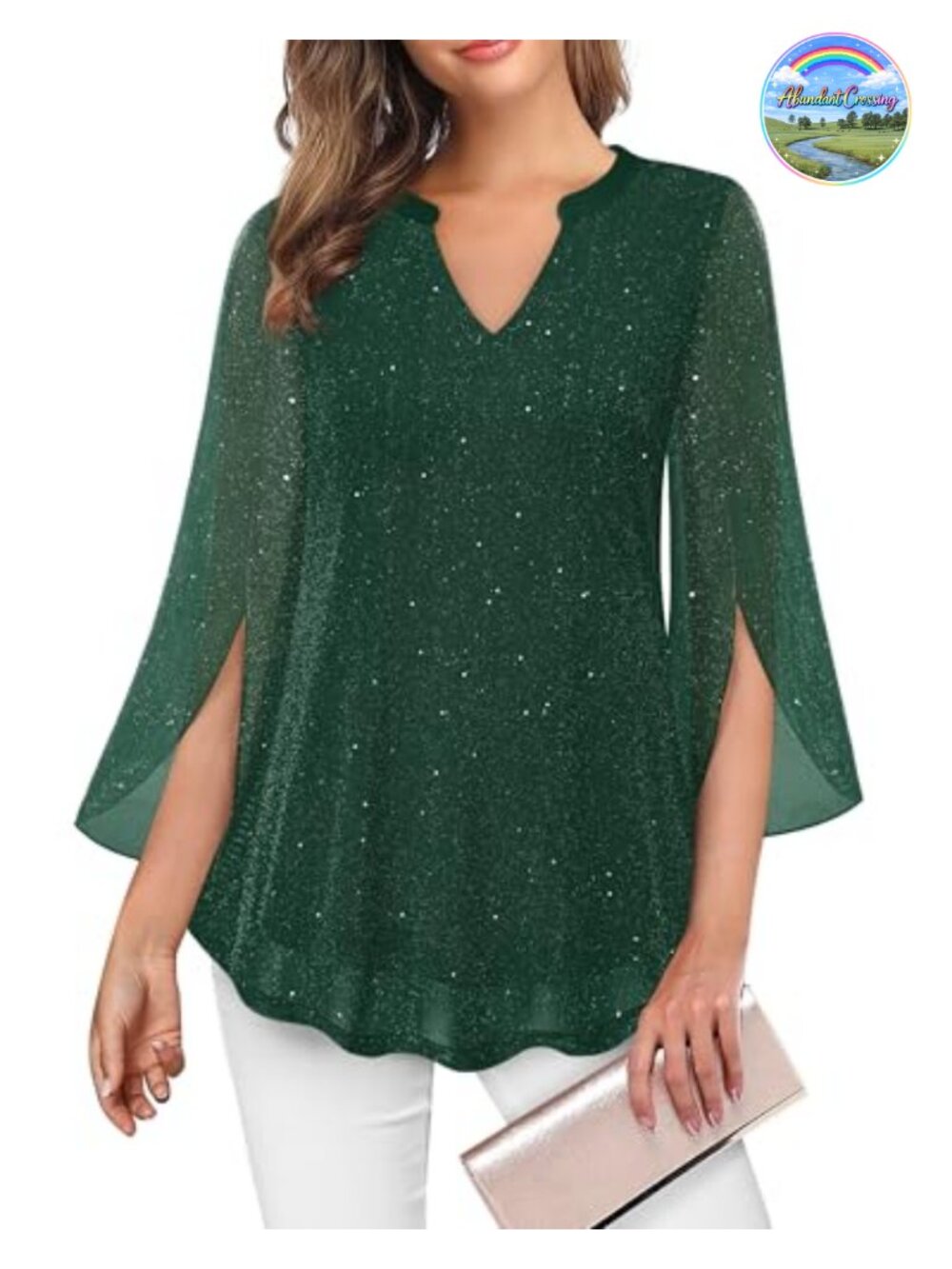 Women's V-Neck Floral Tunic Top 3/4 Ruffle Sleeve Double Layer Mesh Blouse